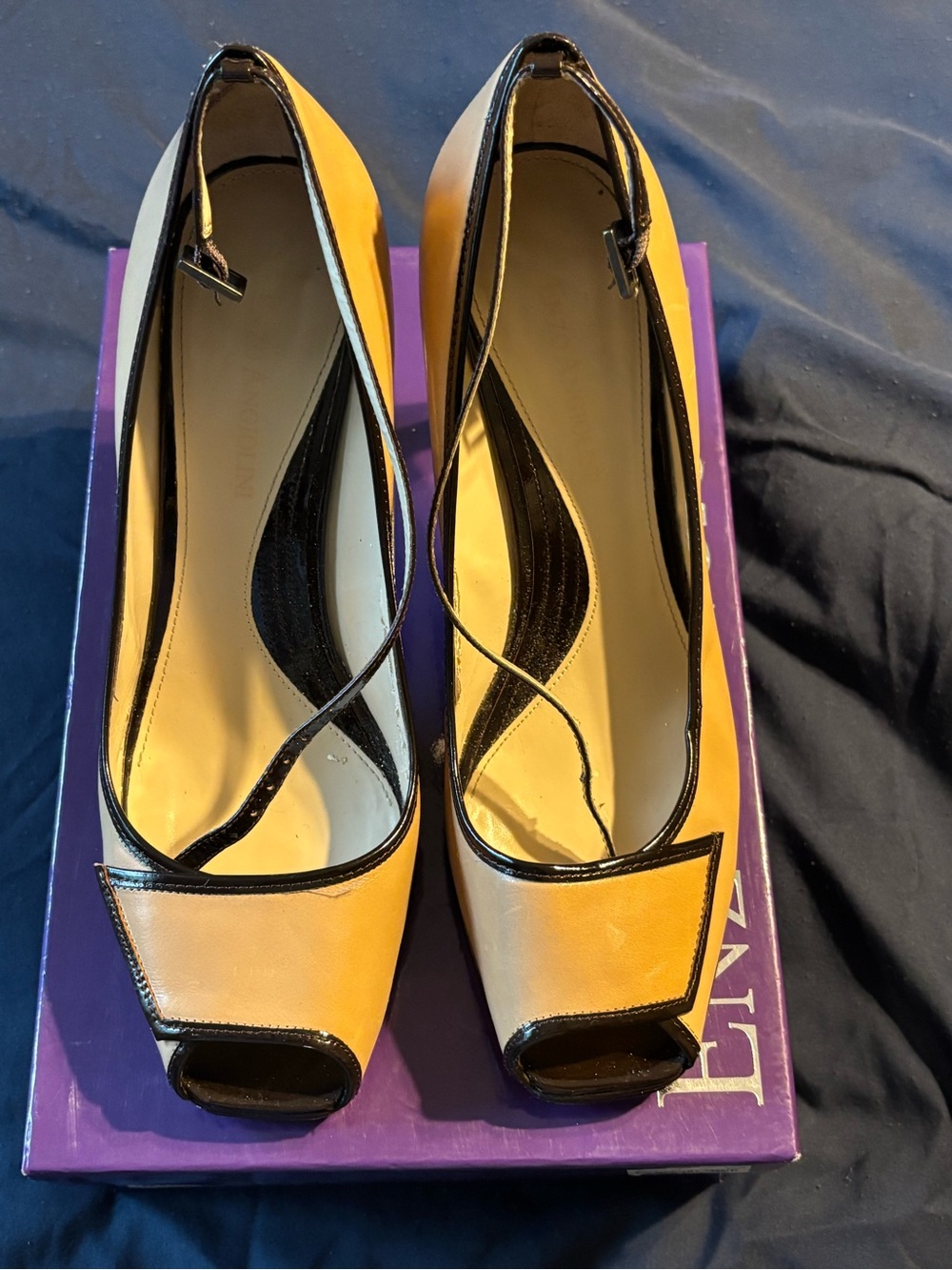Enzo Angiolini Tan and Black Peep-Toe Pumps…